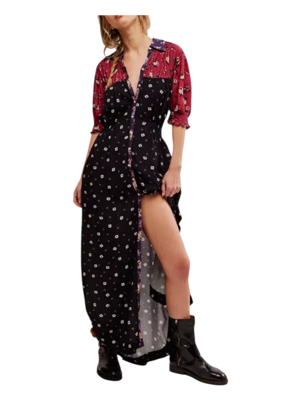 Free People Womens Western Eclectic Mix Floral Print Button Front Midi Dress XS